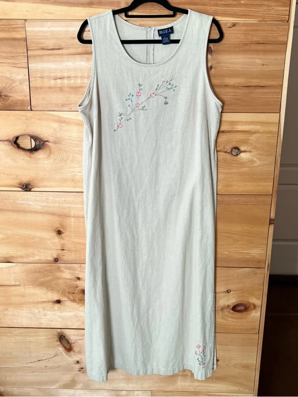 BLUE J Vintage 90s Linen/Cotton Sleeveless Maxi Dress w/Floral Embroidery Boho